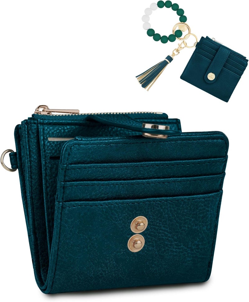 Sunpour Small Wristlet Wallets for Women Keychain Wristlet Wallet RFID Blocking Key Chain Wallet With Zipper Coin Pocket,2 Id Window (Blue-Green) - Image 1